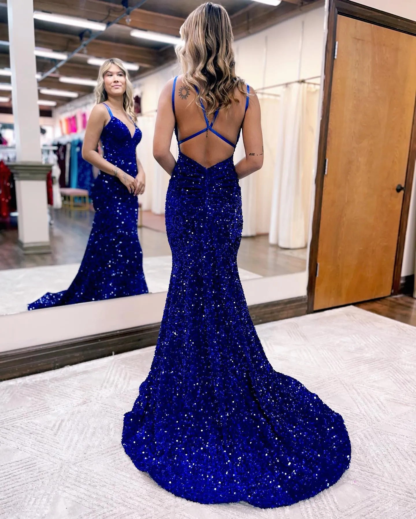 Mermaid V Neck Court Train Sequined Prom Dress