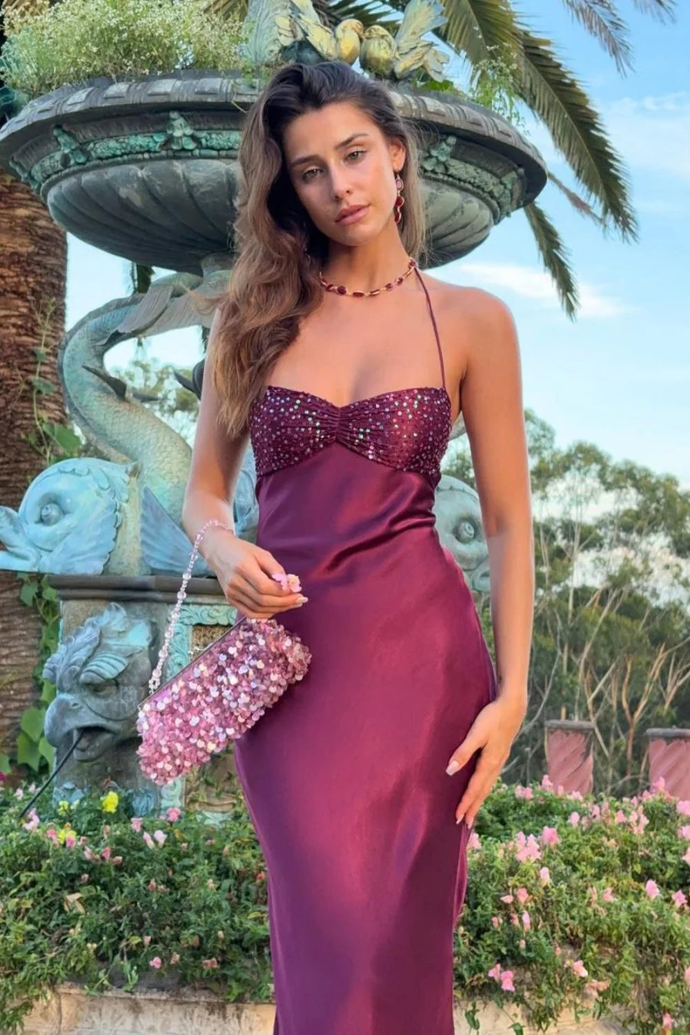 Gorgeous Plum Purple Satin Halter Beaded Bodice Lace-Up Open Back Mermaid Maxi  Dress Prom Dress