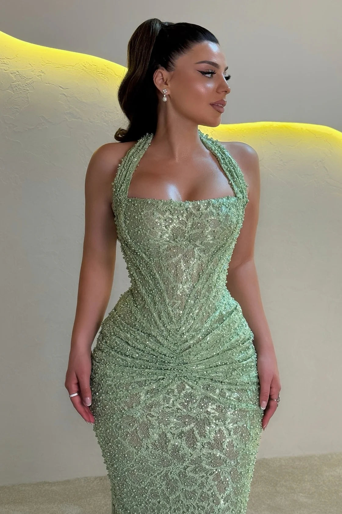 Gorgeous Sequin Halter Neck Ruched Waist Mermaid Train Maxi Dress Prom Dress