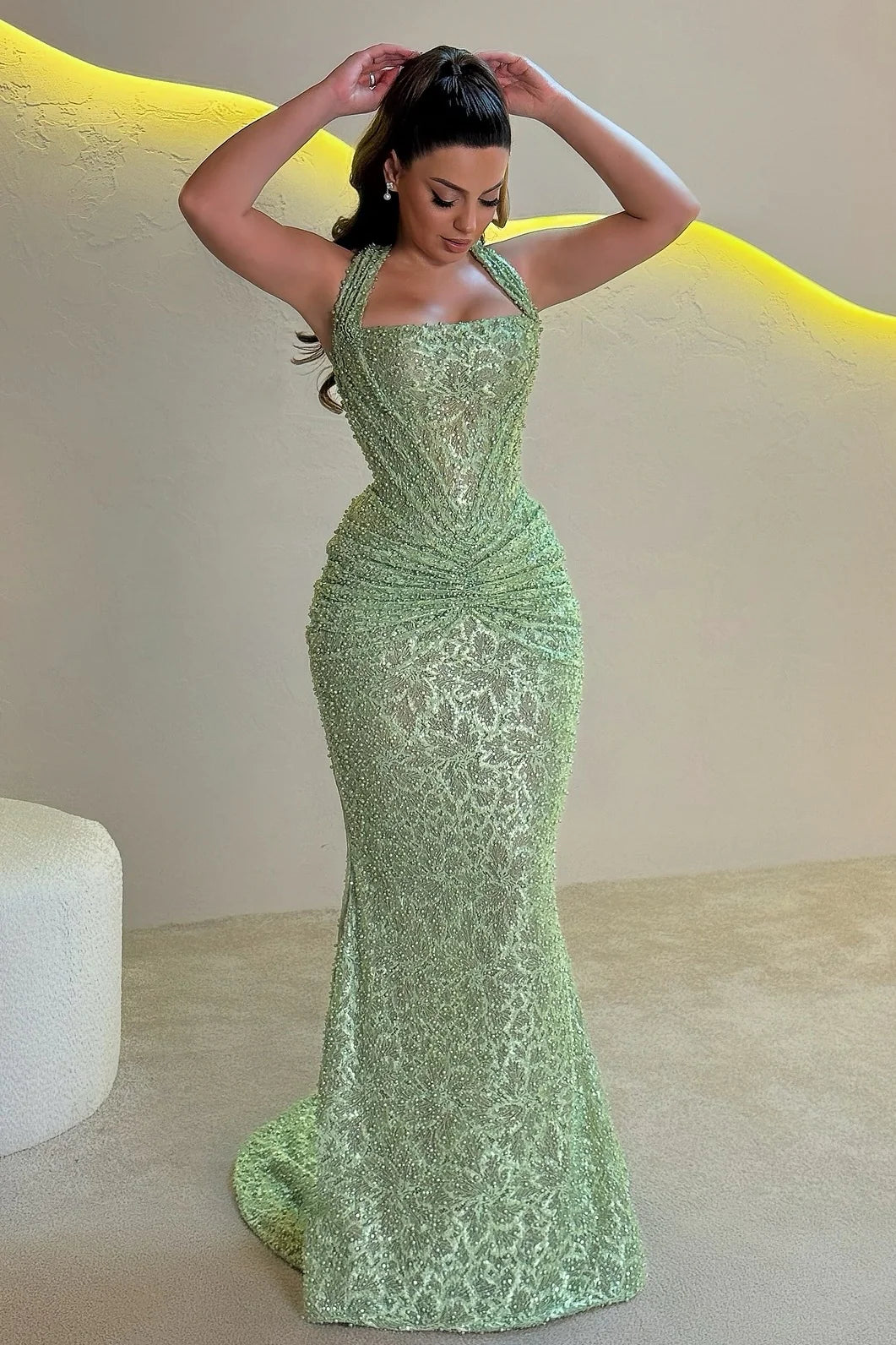 Gorgeous Sequin Halter Neck Ruched Waist Mermaid Train Maxi Dress Prom Dress