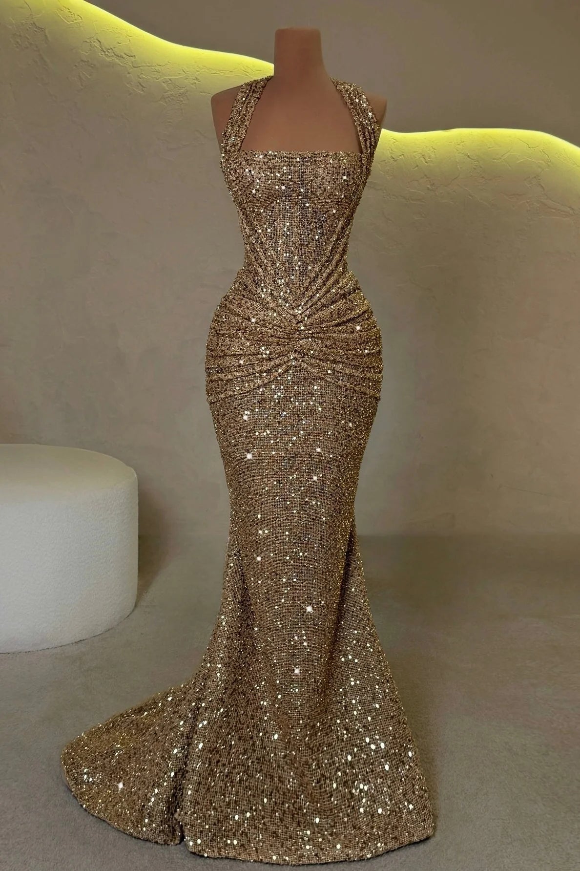 Gorgeous Sequin Halter Neck Ruched Waist Mermaid Train Maxi Dress Prom Dress
