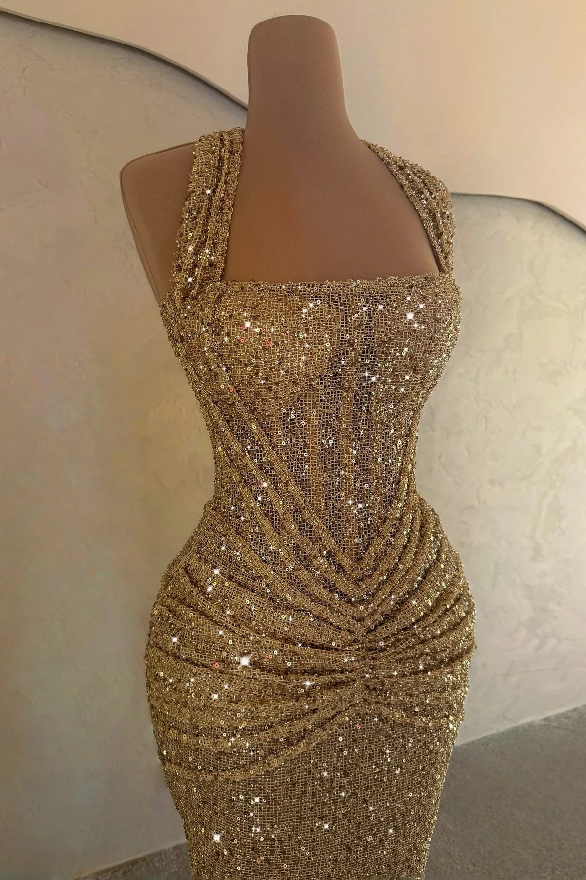 Gorgeous Sequin Halter Neck Ruched Waist Mermaid Train Maxi Dress Prom Dress