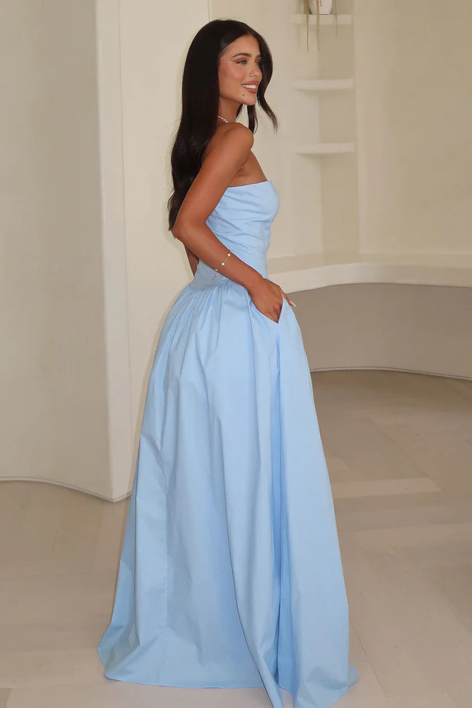 Gorgeous Sky Blue Strapless Corset Bodice A-Line Maxi Dress with Pockets Prom Dress