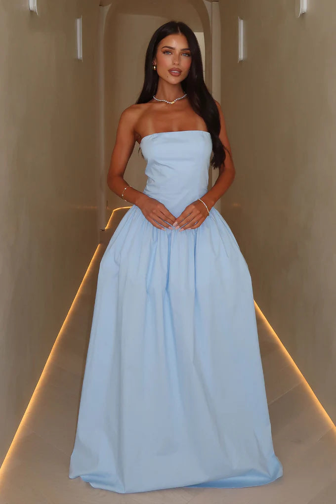 Gorgeous Sky Blue Strapless Corset Bodice A-Line Maxi Dress with Pockets Prom Dress
