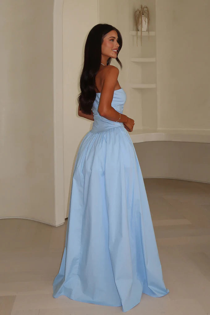 Gorgeous Sky Blue Strapless Corset Bodice A-Line Maxi Dress with Pockets Prom Dress