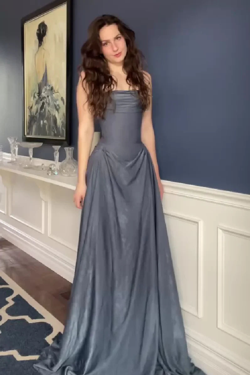 Gorgeous Slate Blue Strapless Ruched Bodice Satin A-Line Maxi Evening Dress with Train Prom Dress