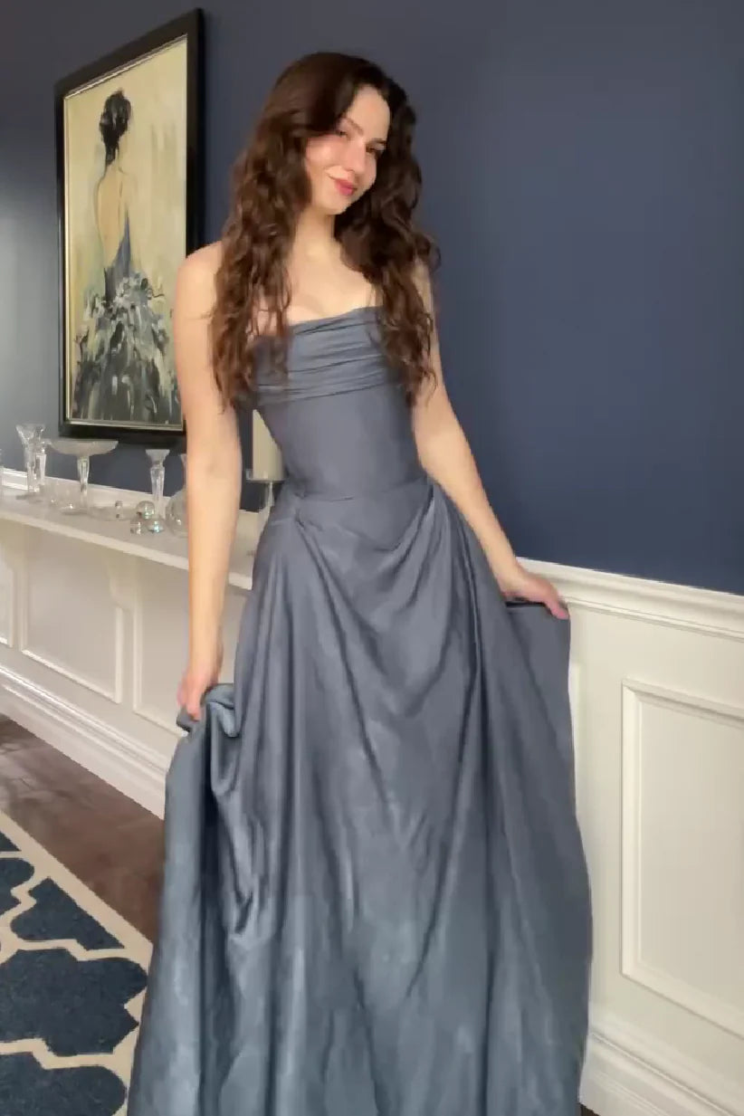 Gorgeous Slate Blue Strapless Ruched Bodice Satin A-Line Maxi Evening Dress with Train Prom Dress