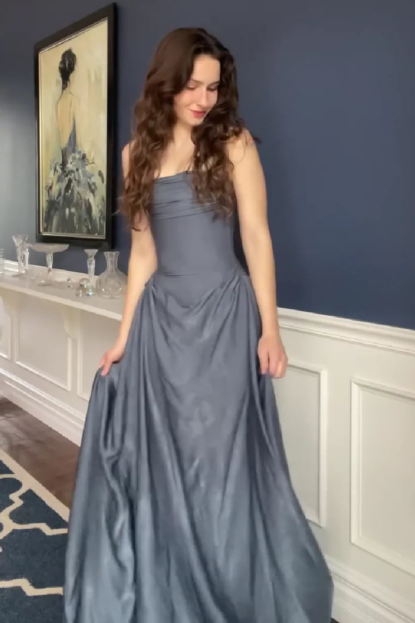 Gorgeous Slate Blue Strapless Ruched Bodice Satin A-Line Maxi Evening Dress with Train Prom Dress