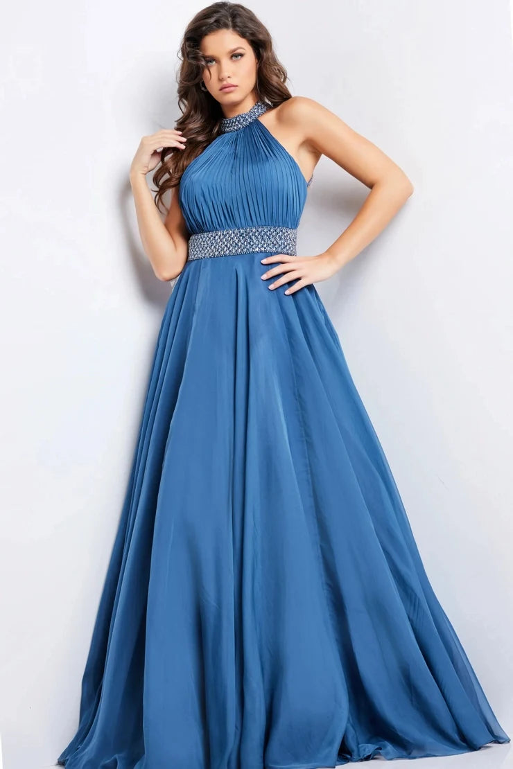 Gorgeous A-Line Halter Sleeveless Pleated Beaded Blue Long Prom Dresses Women Gown
