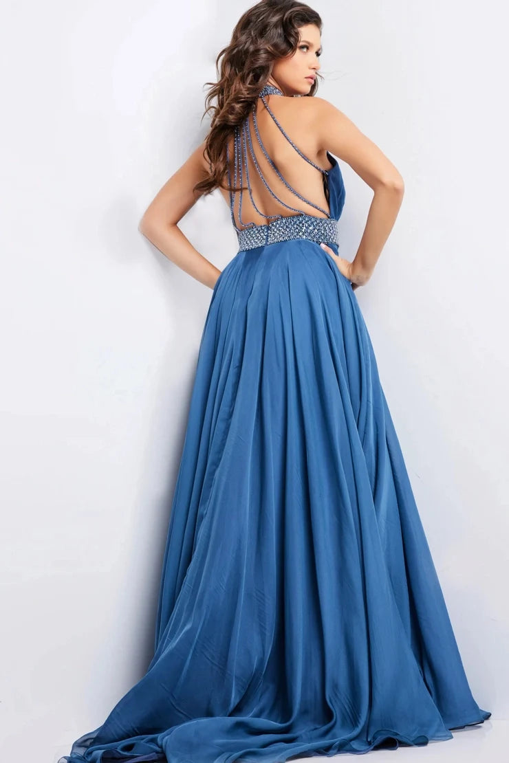 Gorgeous A-Line Halter Sleeveless Pleated Beaded Blue Long Prom Dresses Women Gown