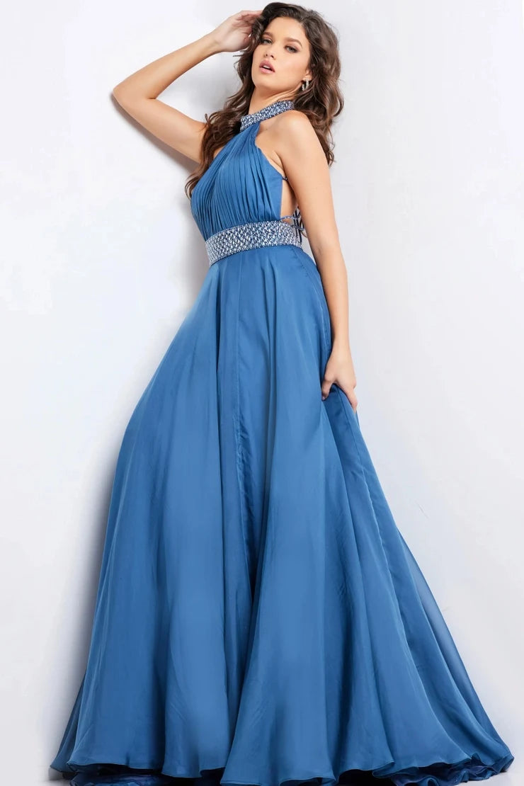 Gorgeous A-Line Halter Sleeveless Pleated Beaded Blue Long Prom Dresses Women Gown