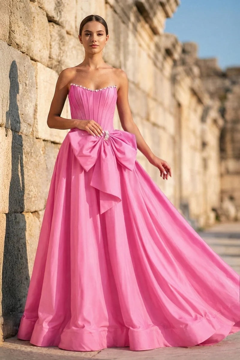 Gorgeous A-Line Strapless Sleeveless Bow Corset Pink Long Prom Dresses Women