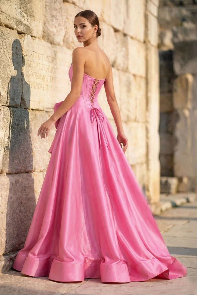 Gorgeous A-Line Strapless Sleeveless Bow Corset Pink Long Prom Dresses Women