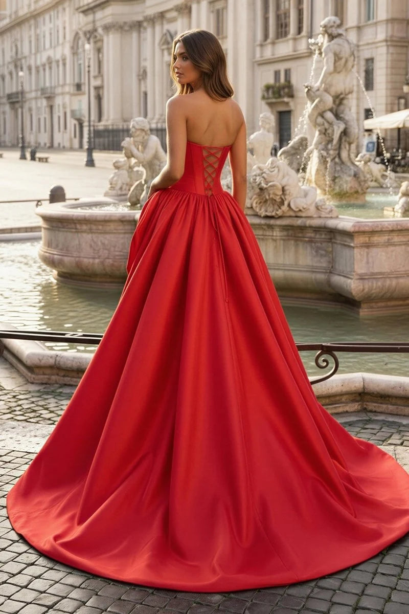 Gorgeous A-Line Strapless Sleeveless Corset Slit Red Long Prom Dresses Women Gown