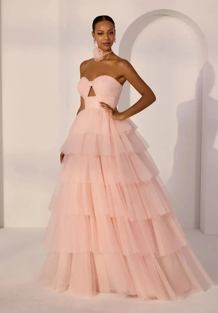 Gorgeous A-Line Sweetheart Sleeveless Cutout Tiered Pink Long Prom Dresses For Women