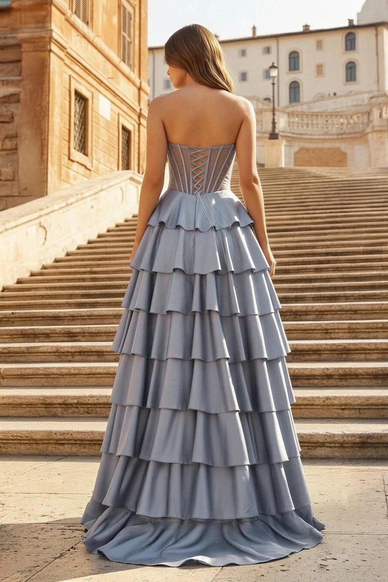 Gorgeous A-Line Sweetheart Strapless Tiered Slit Blue Long Prom Dresses Women