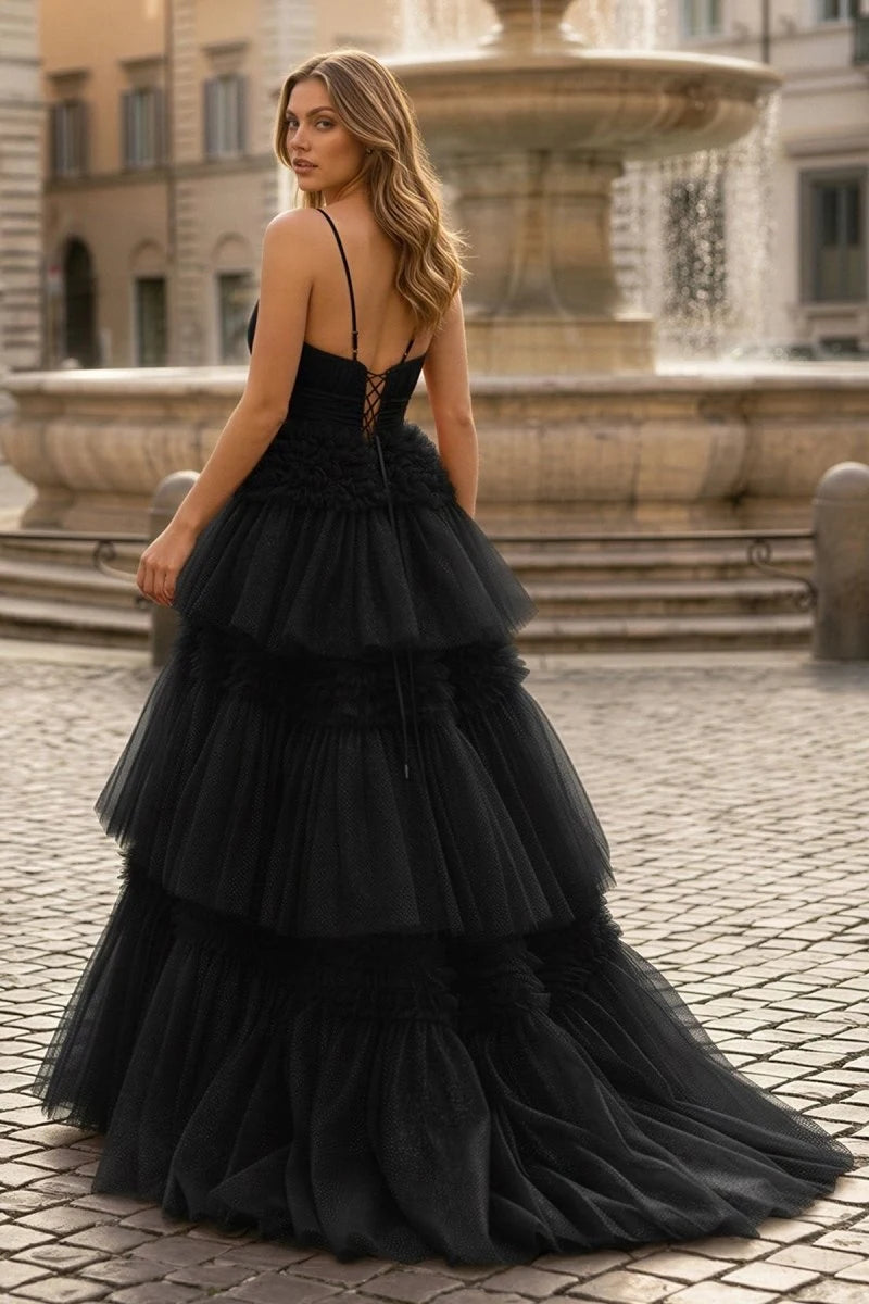 Gorgeous A-Line V-Neck Sleeveless Tiered Slit Black Long Prom Dresses Women Gown