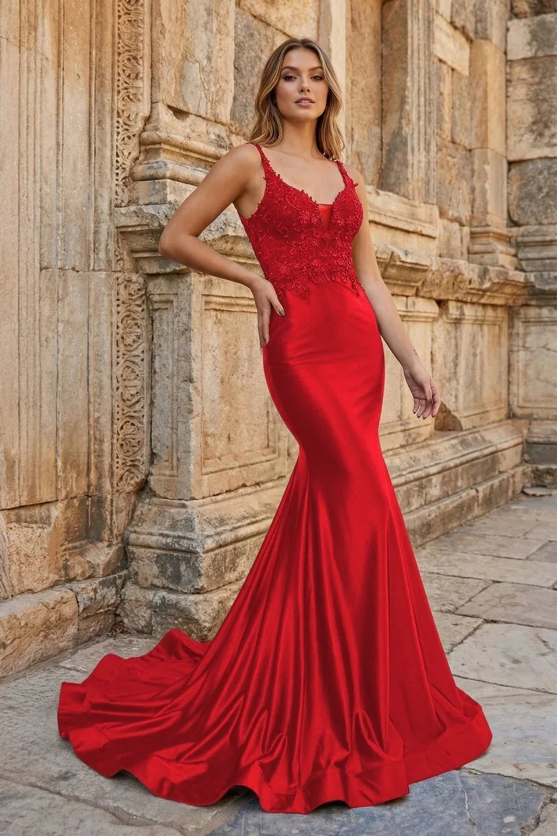Gorgeous Mermaid V-Neck Sleeveless Backless Ruched Red Long Prom Dresses Women Gown