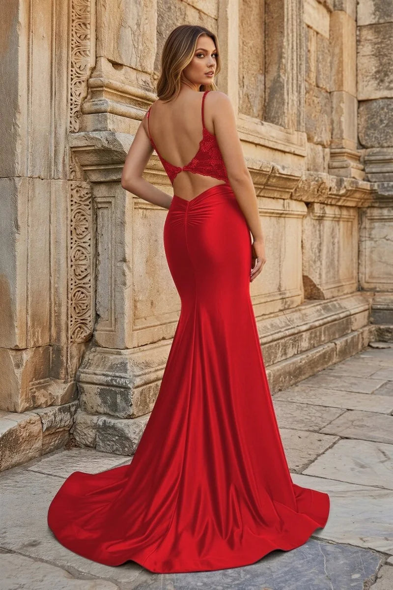 Gorgeous Mermaid V-Neck Sleeveless Backless Ruched Red Long Prom Dresses Women Gown