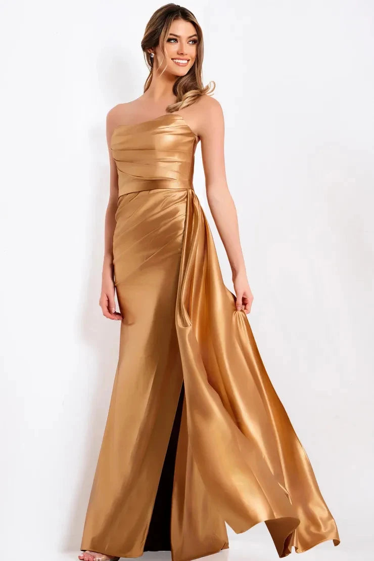 Gorgeous Sheath Strapless Sleeveless Ruched Slit Gold Long Prom Dresses Women Gown