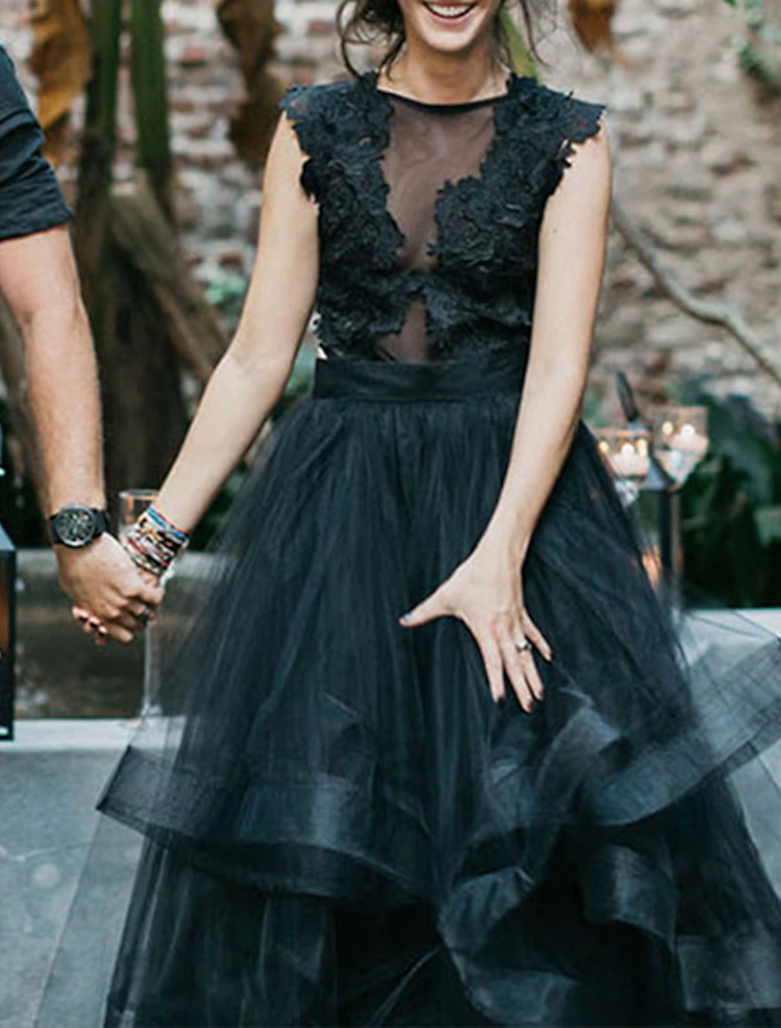 Front view of the formal black wedding dress, showcasing the A-line skirt.