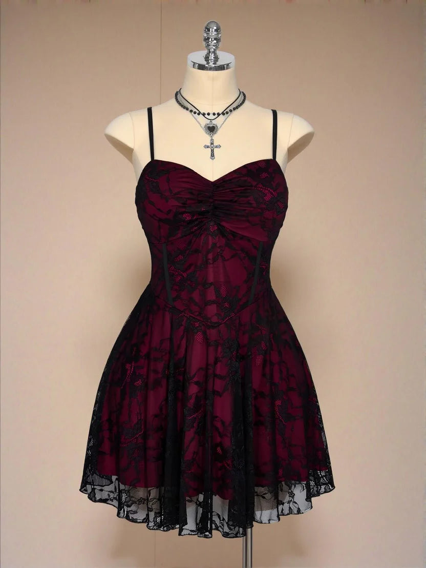 Gothic A-line homecoming dress with black lace overlay and burgundy lining.