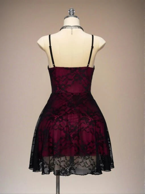 Close-up of sweetheart neckline and spaghetti straps on gothic dress.