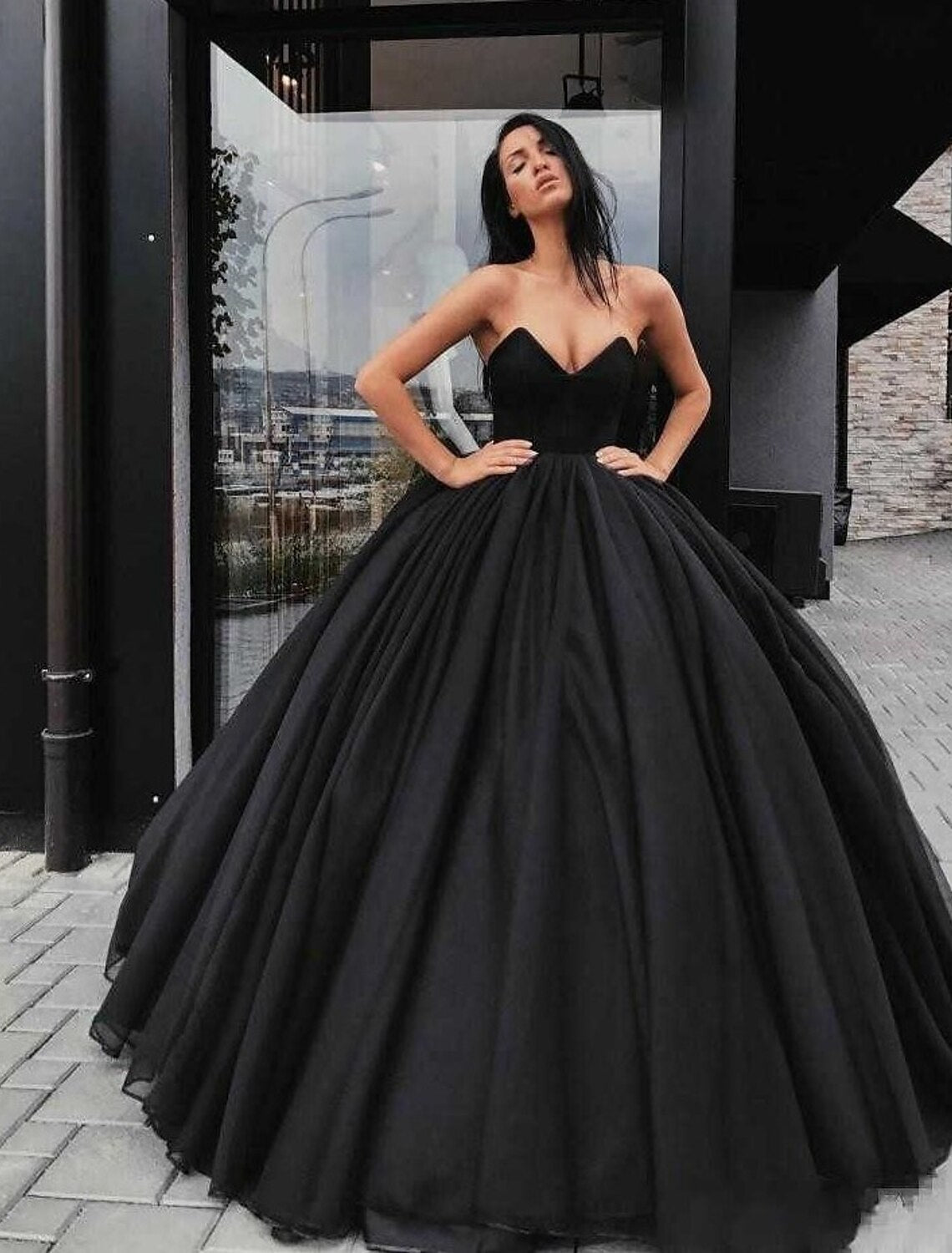 Gothic black sweetheart strapless ball gown wedding dress.
