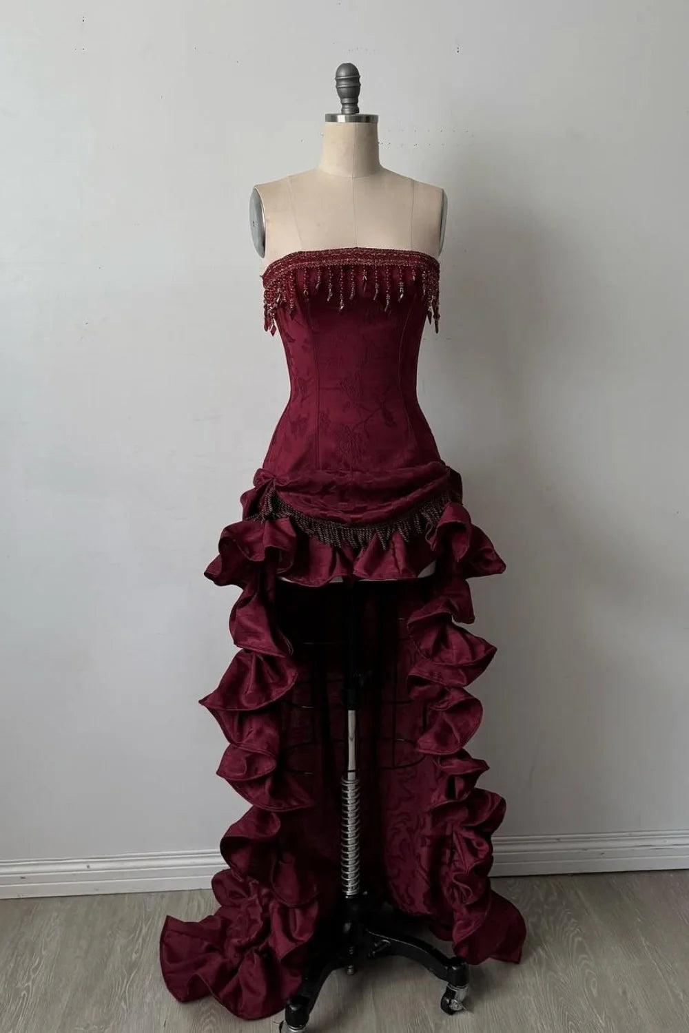 Gothic Victorian Strapless Corset Bodice Floral Brocade Ruffled High Low Prom Dress with Beaded Fringe Trim