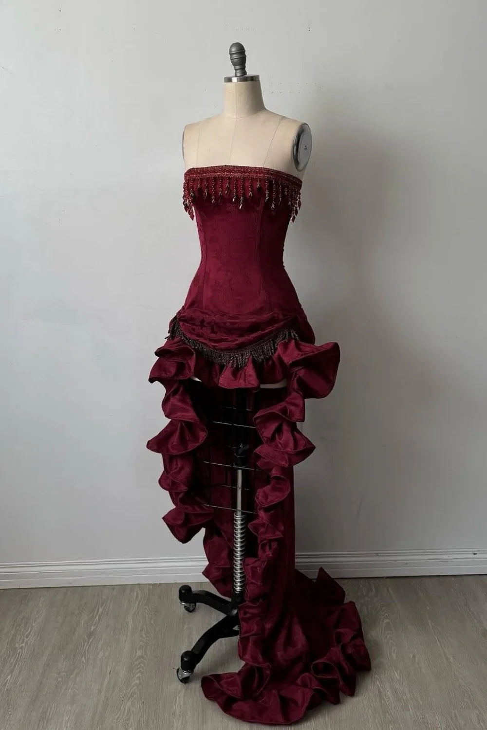 Gothic Victorian Strapless Corset Bodice Floral Brocade Ruffled High Low Prom Dress with Beaded Fringe Trim