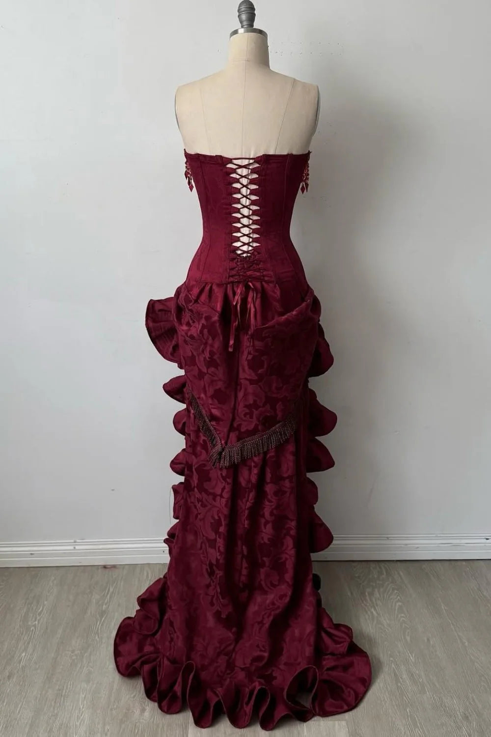 Gothic Victorian Strapless Corset Bodice Floral Brocade Ruffled High Low Prom Dress with Beaded Fringe Trim