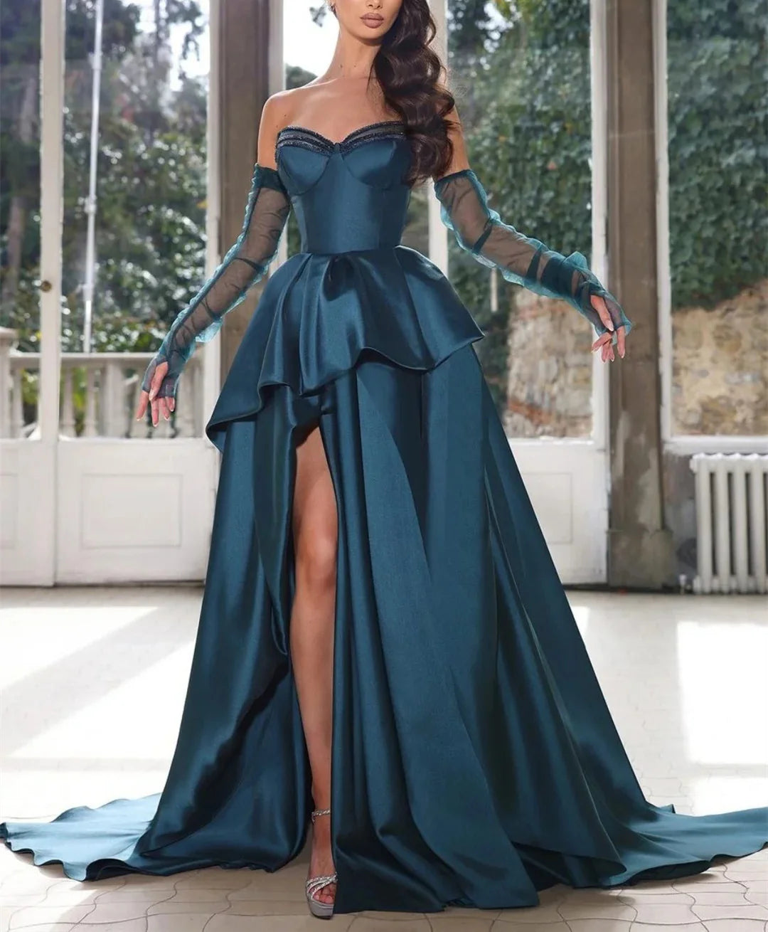A-Line Strapless Half Sleeves Floor Length Long Evening Dresses