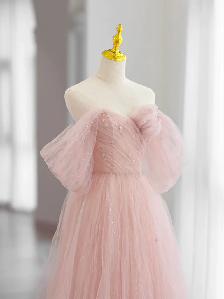 A-Line off-shoulder tulle long prom dress.