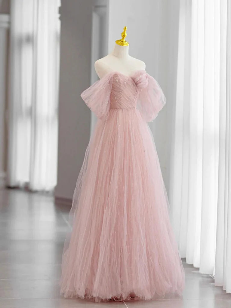 Full view of A-Line off-shoulder tulle formal gown.
