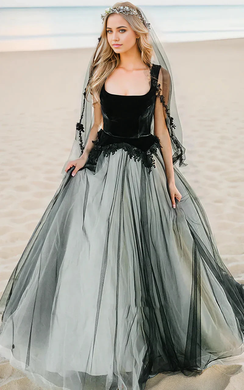 Elegant A-Line lace and tulle wedding dress with a square neckline.