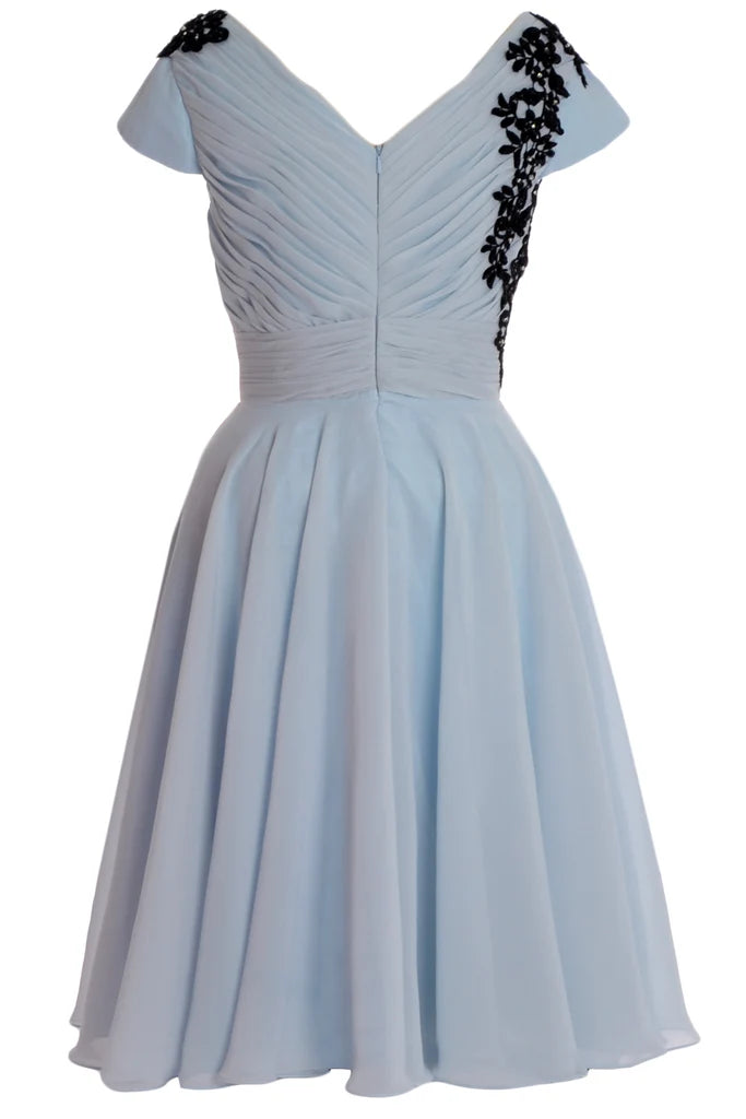 Back view of the A-line V-neck formal gown with delicate applique.