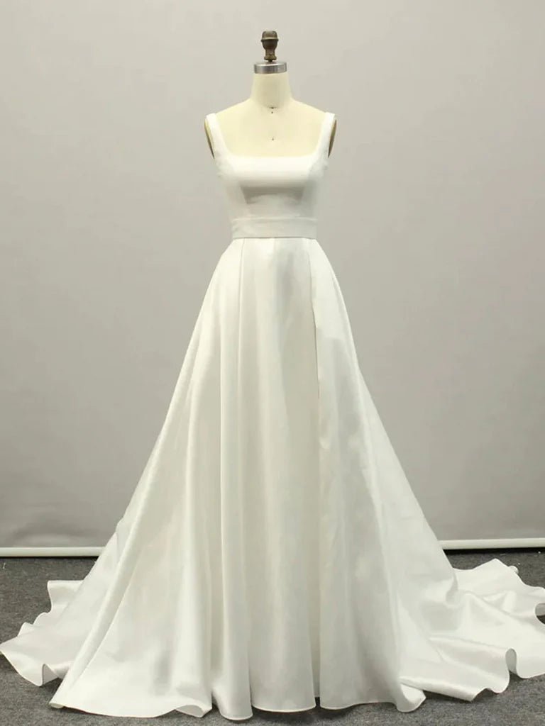 Elegant A-line V-neck satin long prom gown.