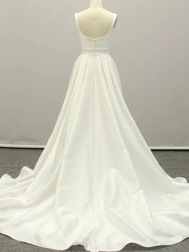 Elegant A-line V-neck satin long prom gown.