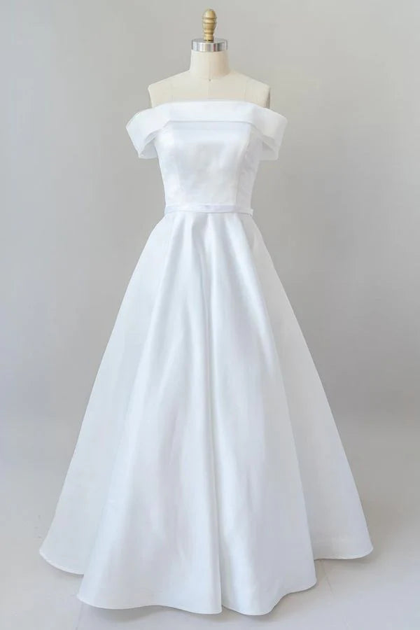 Elegant A-line off-shoulder satin long wedding gown.