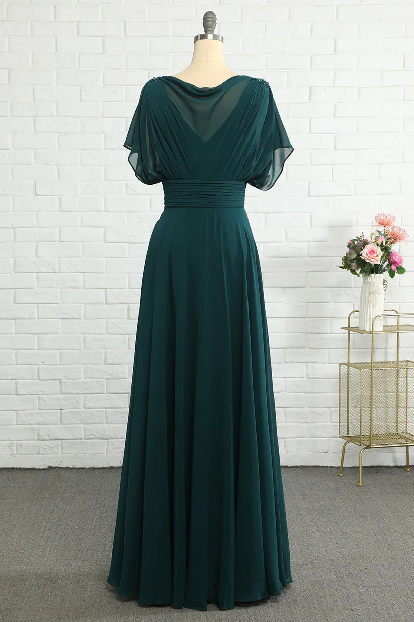 Back view of a woman in an A-line chiffon formal dress.