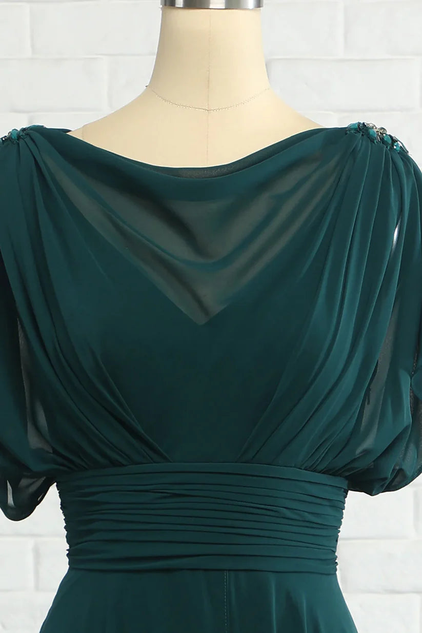 Close-up of the V-neckline on a chiffon Mother of the Bride gown.