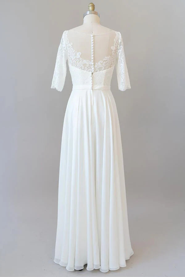 Back view of the A-line wedding dress, showing lace details.