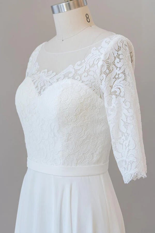 Side profile of the elegant A-line bridal gown.