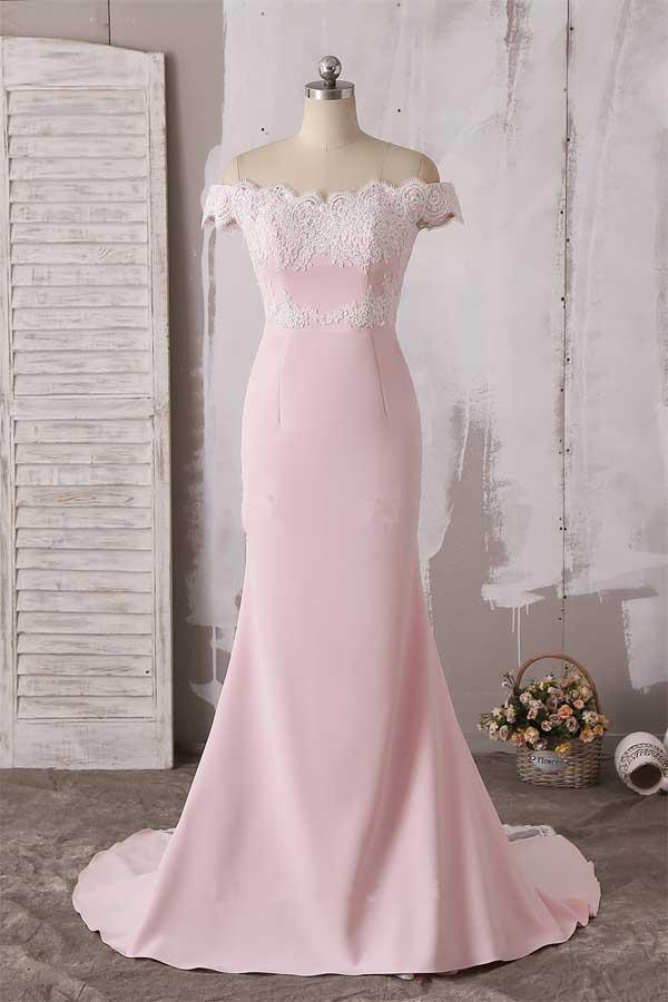 Off-shoulder lace maxi prom dress.