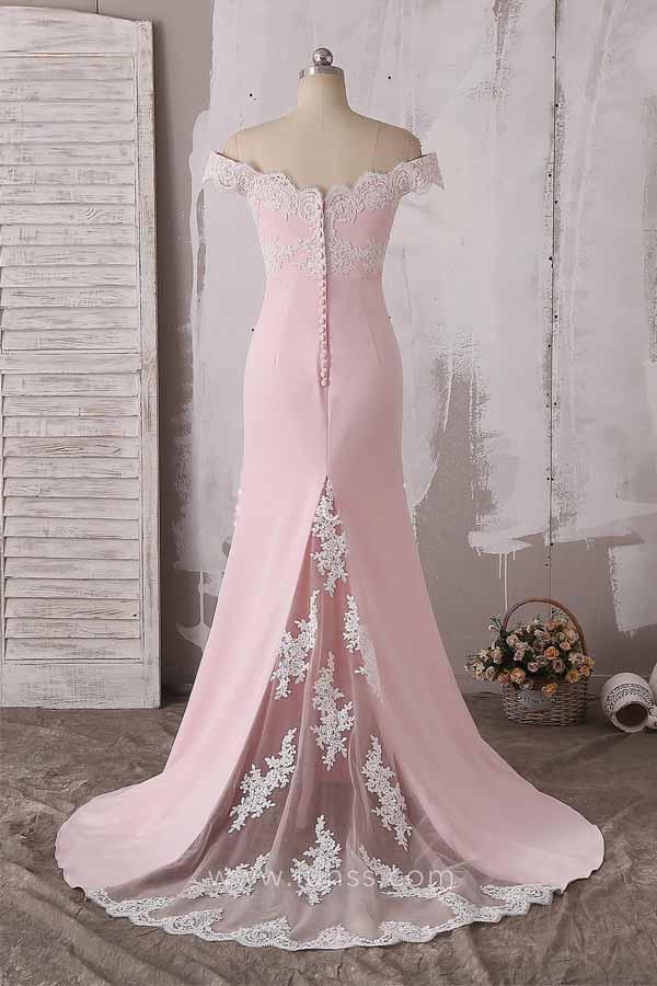 Off-shoulder lace bridesmaid dress, side view.