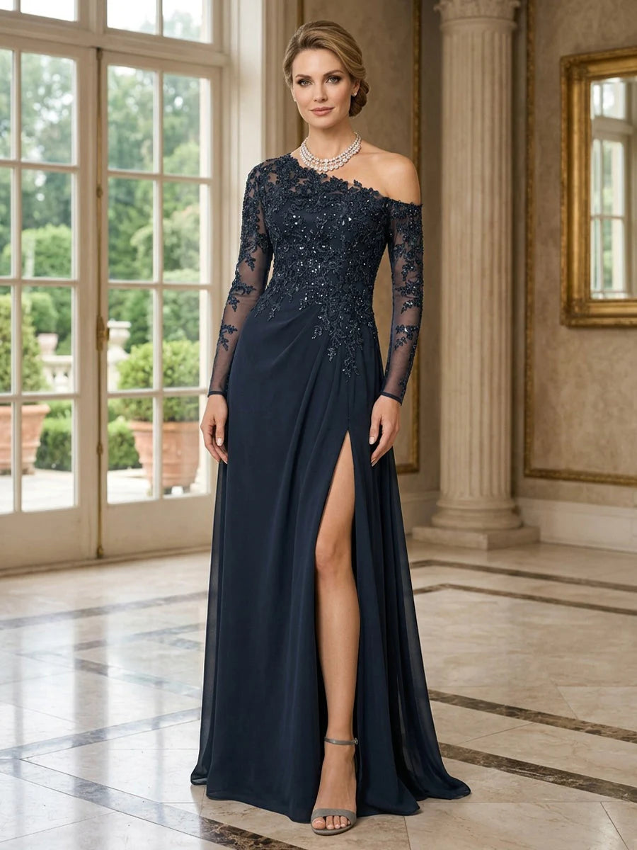Graceful A-Line Asymmetric Sleeved Beaded Navy Mother of the Bride Dress