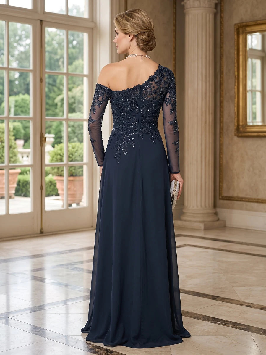 Graceful A-Line Asymmetric Sleeved Beaded Navy Mother of the Bride Dress