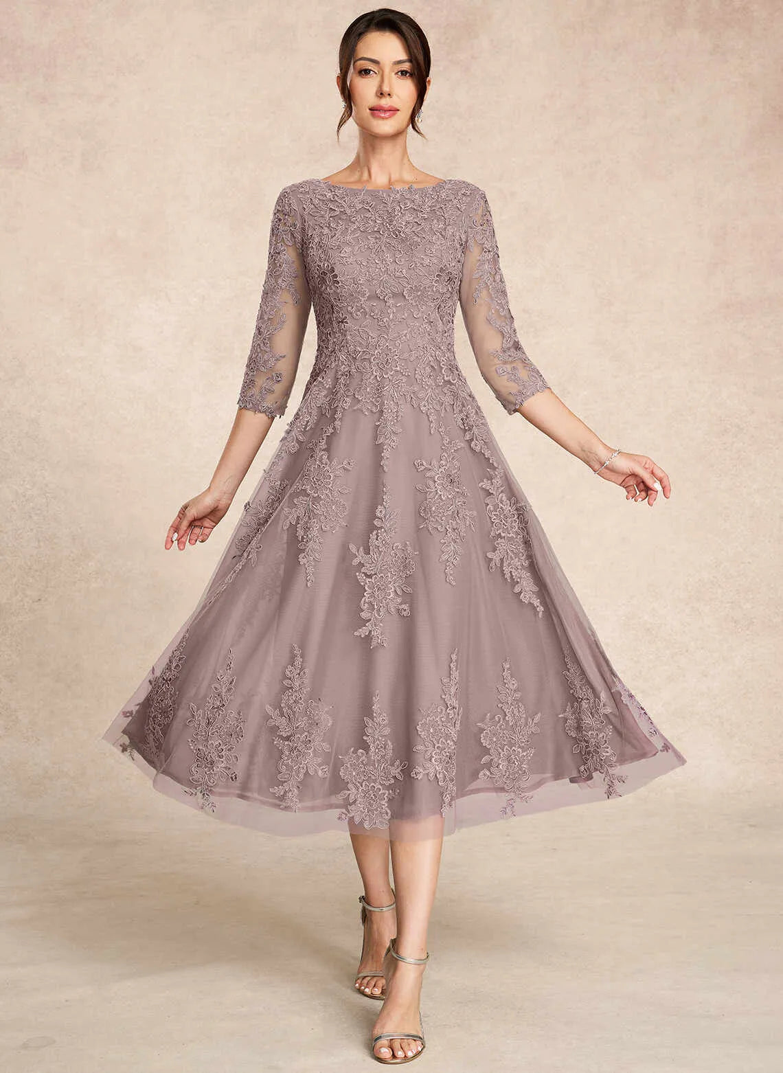 Graceful A-Line Bateau Sleeved Floral Dusk Mother Of The Bride Dress