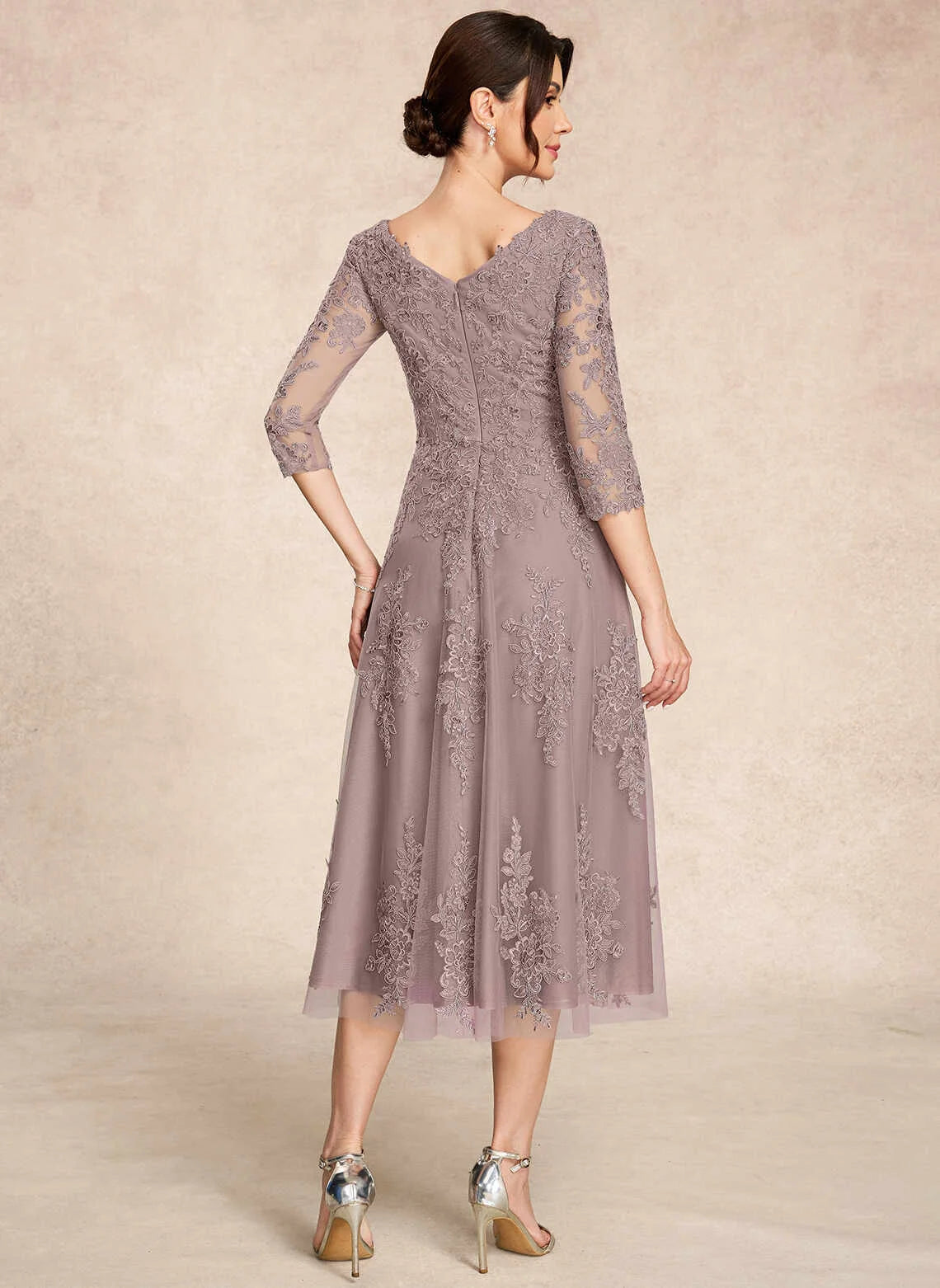 Graceful A-Line Bateau Sleeved Floral Dusk Mother Of The Bride Dress