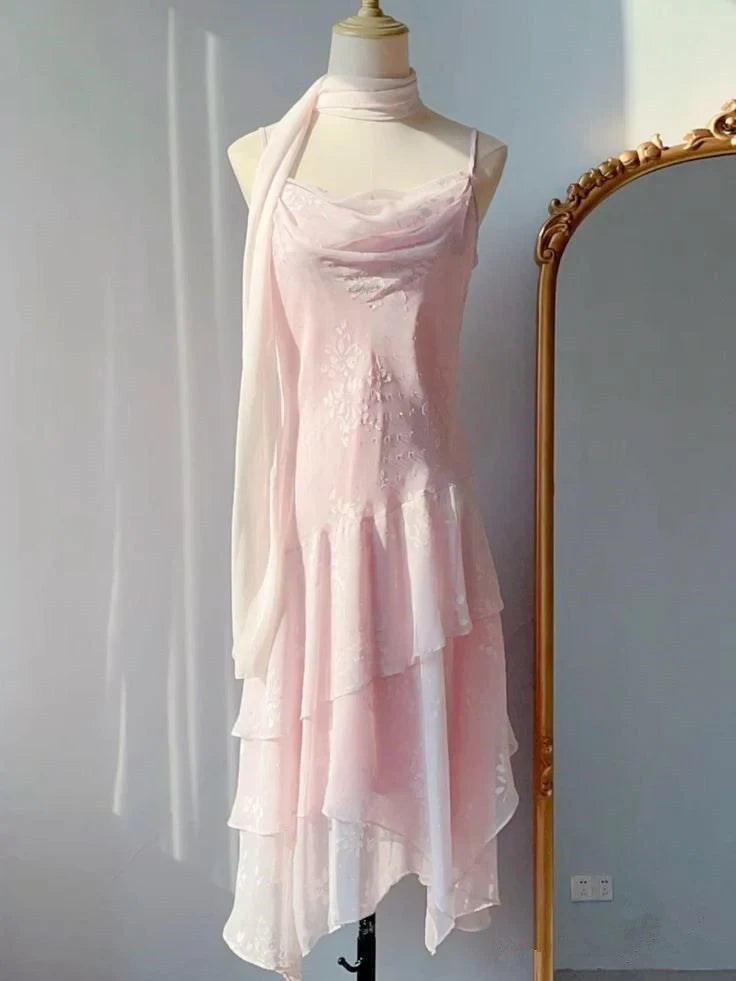 Graceful A-Line Cowl Neck Sleeveless Tiered Pink Midi Homecoming Dress